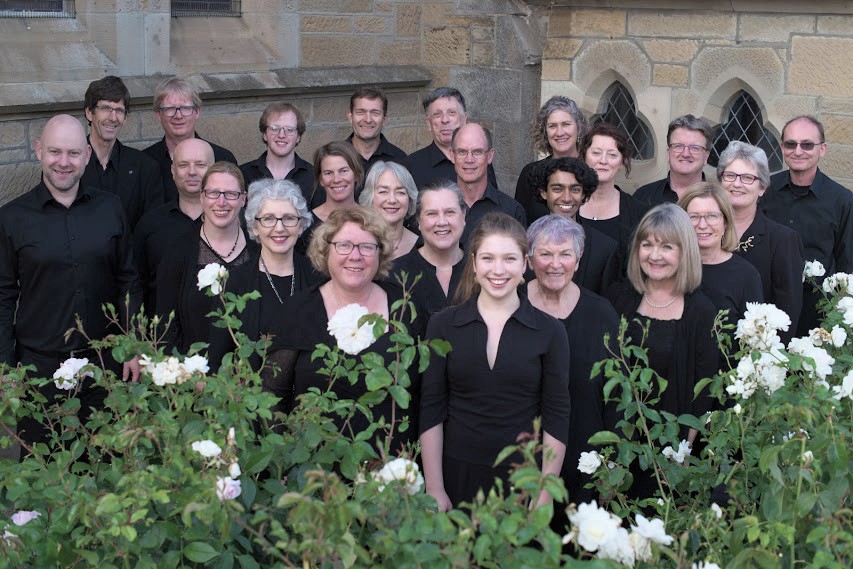 The members of Allegri Ensemble photographed outdoors in concert dress